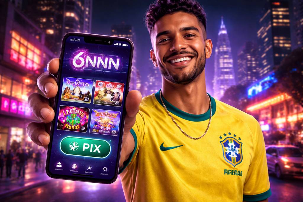 Smartphone elegante exibindo interface escura do cassino 6NNN com detalhes roxos brilhantes