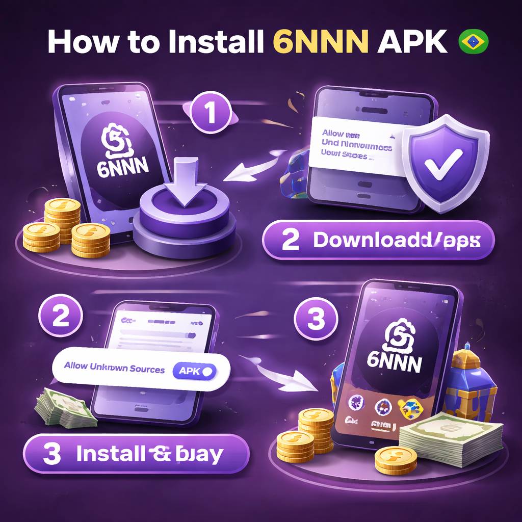 Processo de configuração do 6NNN APK mostrado em smartphone contemporâneo com verificação de segurança