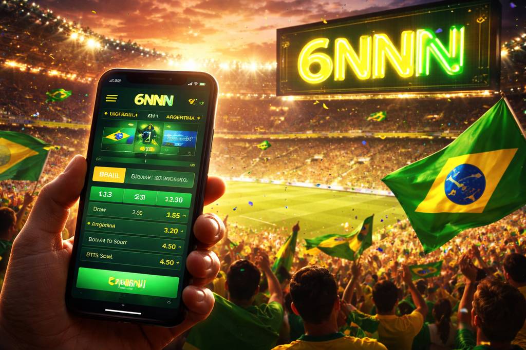 Torcedores vibrando em estádio brasileiro com celular exibindo painel de apostas ao vivo do 6NNN
