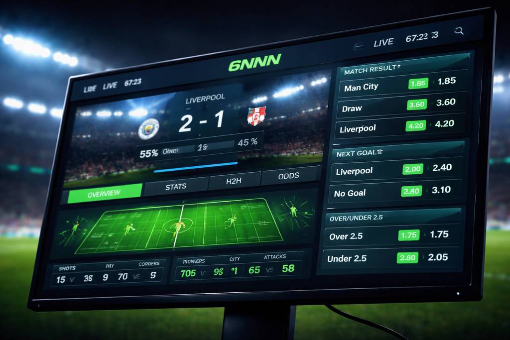 Monitor exibindo a interface de apostas esportivas do 6NNN com estatísticas de futebol brasileiro em tempo real