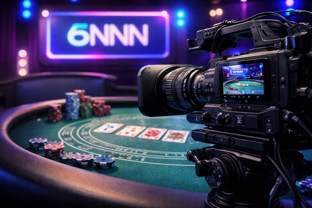 Câmera HD focando uma mesa profissional de cassino ao vivo no 6NNN